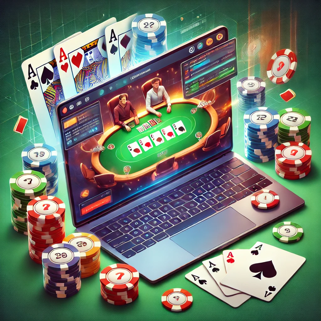 DALL·E 2024-10-14 22.44.20 - A visually engaging illustration of an online poker game setup. The image should feature a poker table with poker chips, playing cards (including face