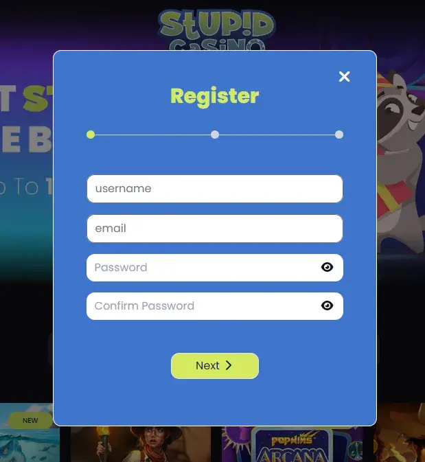 stupid casino register account